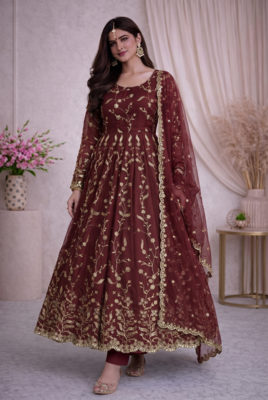 Maroon fendy satin heavy embroidery work long wedding wear gown 1