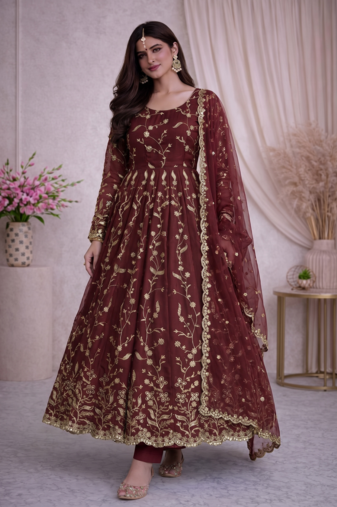 Maroon fendy satin heavy embroidery work long wedding wear gown