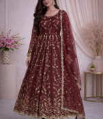 Maroon fendy satin heavy embroidery work long wedding wear gown