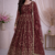 Maroon fendy satin heavy embroidery work long wedding wear gown