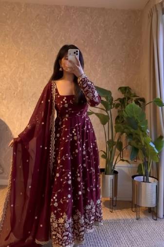 Maroon fendy satin heavy embroidery work long wedding wear gown