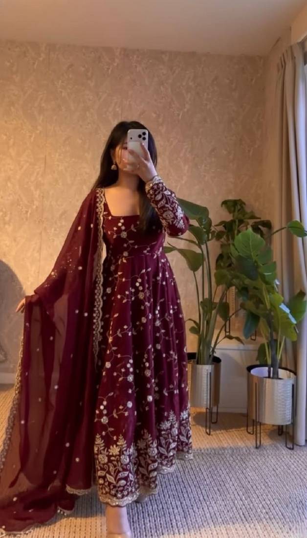Maroon fendy satin heavy embroidery work long wedding wear gown