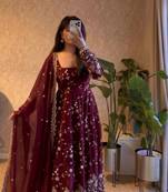 Maroon fendy satin heavy embroidery work long wedding wear gown