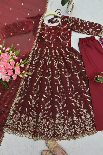 Maroon fendy satin heavy embroidery work long wedding wear gown