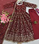Maroon fendy satin heavy embroidery work long wedding wear gown