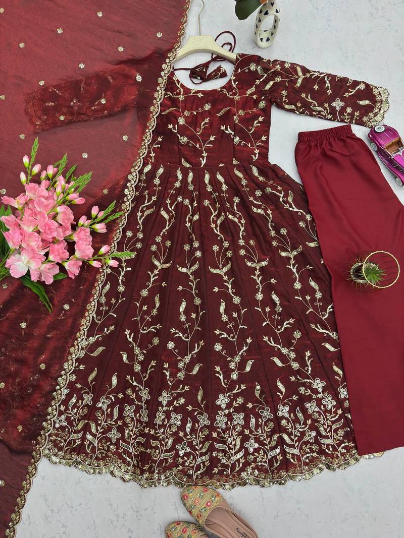Maroon fendy satin heavy embroidery work long wedding wear gown