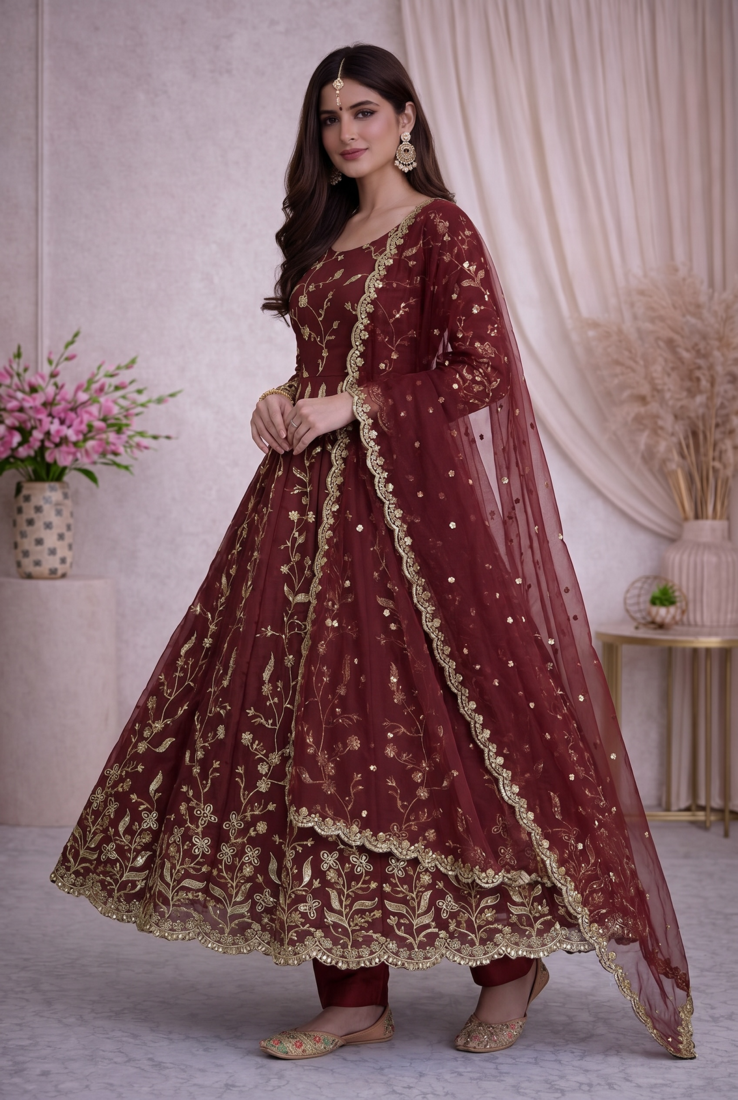 Maroon fendy satin heavy embroidery work long wedding wear gown