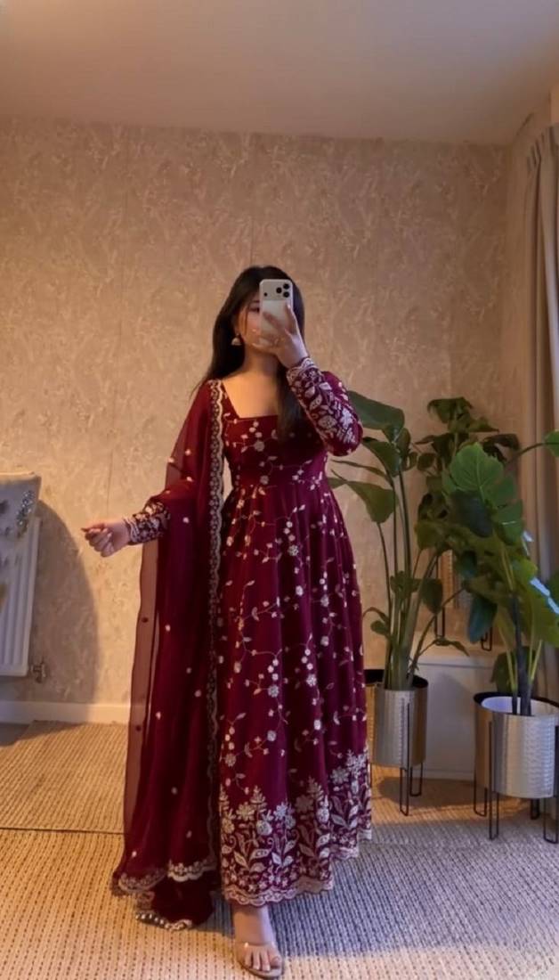 Maroon fendy satin heavy embroidery work long wedding wear gown