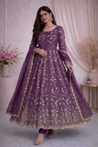 Onion fendy satin heavy embroidery work long wedding wear gown