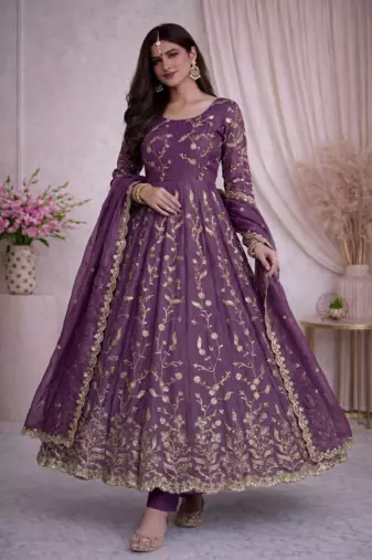 Onion fendy satin heavy embroidery work long wedding wear gown
