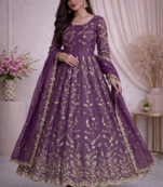 Onion fendy satin heavy embroidery work long wedding wear gown