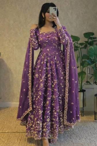 Onion fendy satin heavy embroidery work long wedding wear gown