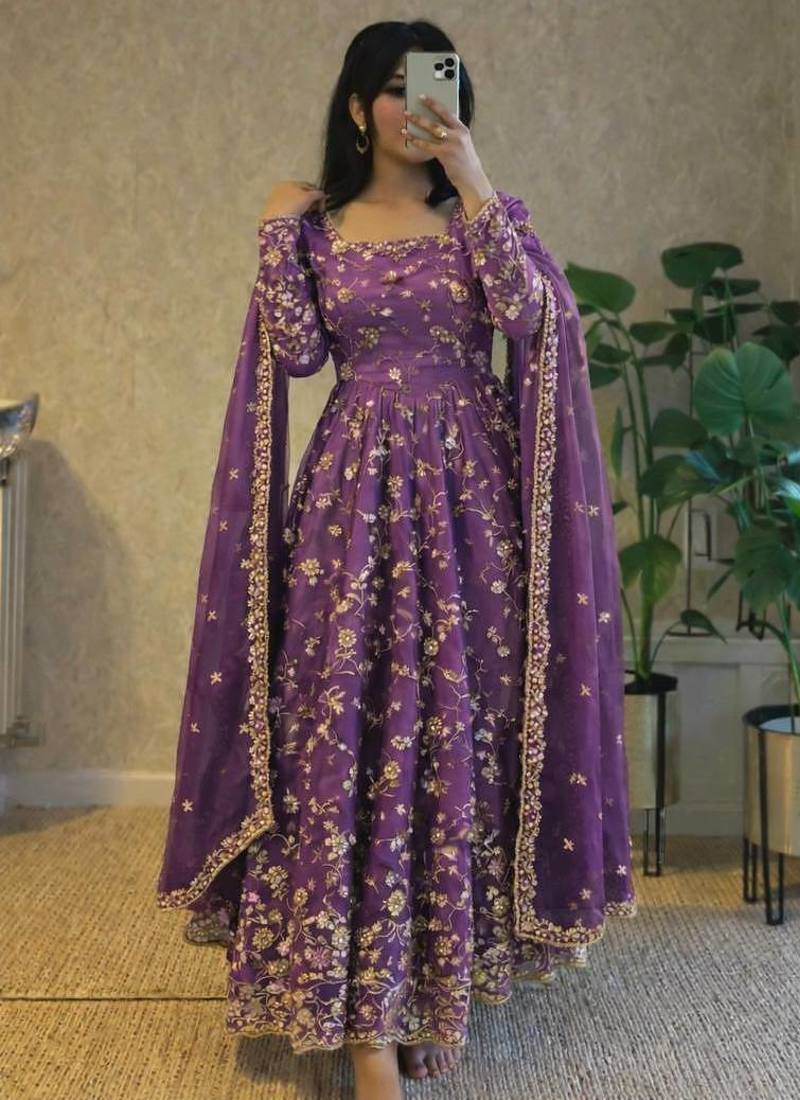 Onion fendy satin heavy embroidery work long wedding wear gown