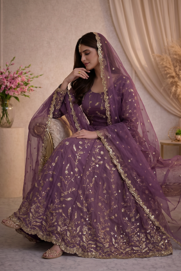 Onion fendy satin heavy embroidery work long wedding wear gown
