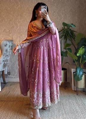 Pink fendy satin heavy embroidery work long wedding wear gown 1