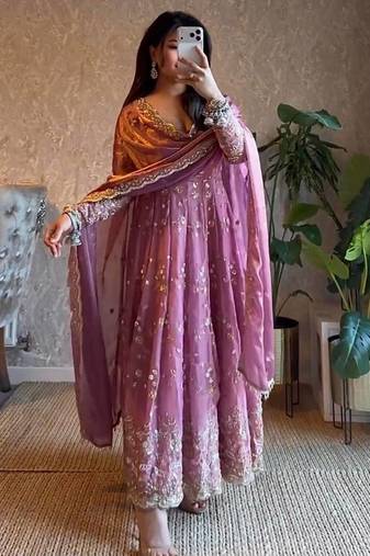 Pink fendy satin heavy embroidery work long wedding wear gown