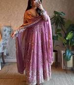 Pink fendy satin heavy embroidery work long wedding wear gown