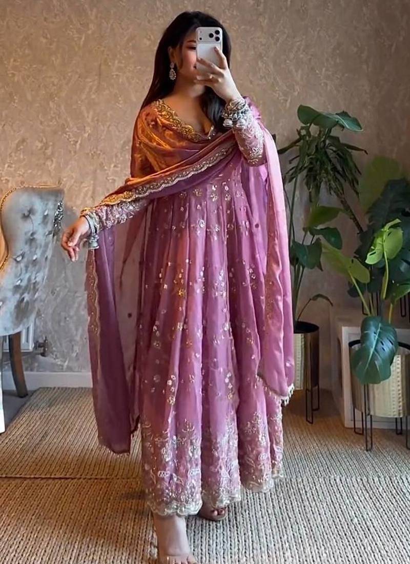 Pink fendy satin heavy embroidery work long wedding wear gown