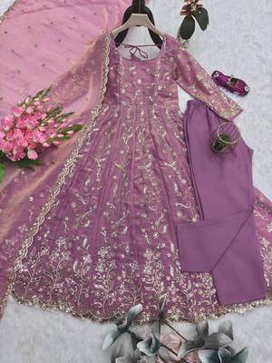 Pink fendy satin heavy embroidery work long wedding wear gown 2