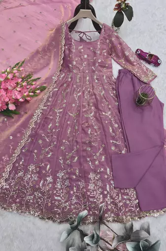 Pink fendy satin heavy embroidery work long wedding wear gown