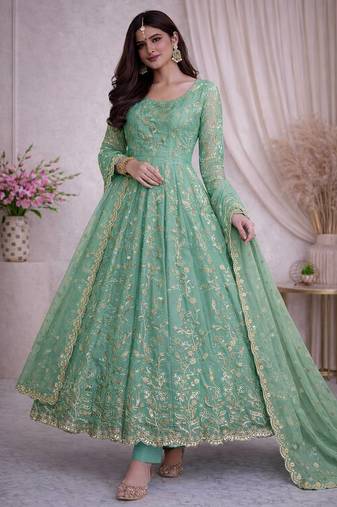 Teal fendy satin heavy embroidery work long wedding wear gown