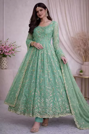 Teal fendy satin heavy embroidery work long wedding wear gown