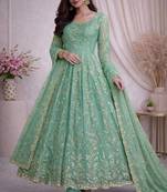 Teal fendy satin heavy embroidery work long wedding wear gown