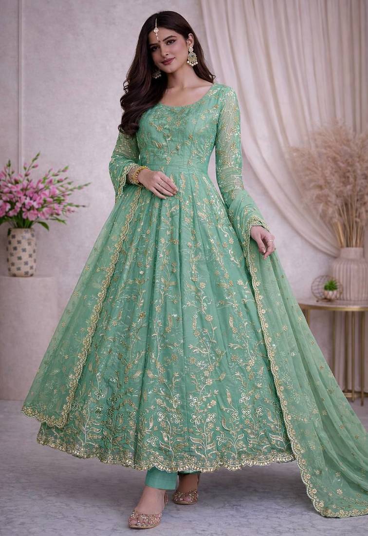 Teal fendy satin heavy embroidery work long wedding wear gown