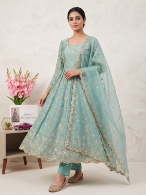 Teal fendy satin heavy embroidery work long wedding wear gown 2