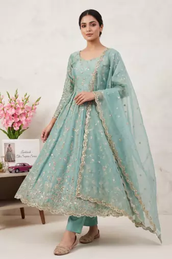 Teal fendy satin heavy embroidery work long wedding wear gown