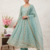 Teal fendy satin heavy embroidery work long wedding wear gown