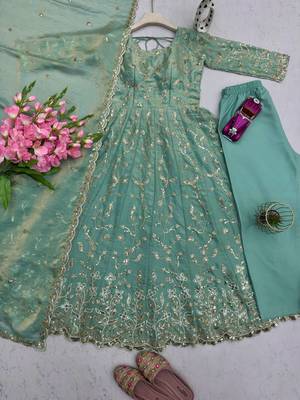 Teal fendy satin heavy embroidery work long wedding wear gown 2