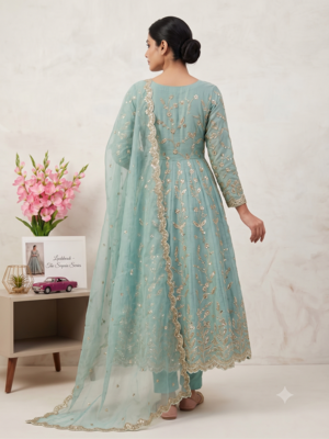 Teal fendy satin heavy embroidery work long wedding wear gown 3
