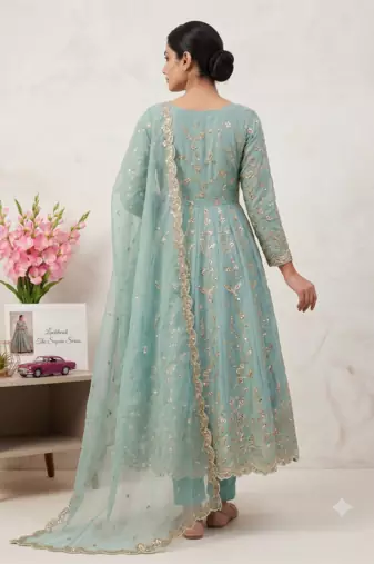 Teal fendy satin heavy embroidery work long wedding wear gown
