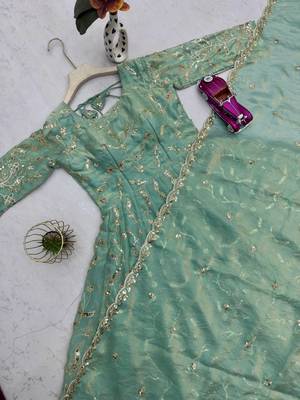 Teal fendy satin heavy embroidery work long wedding wear gown 3