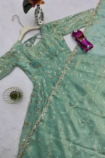 Teal fendy satin heavy embroidery work long wedding wear gown
