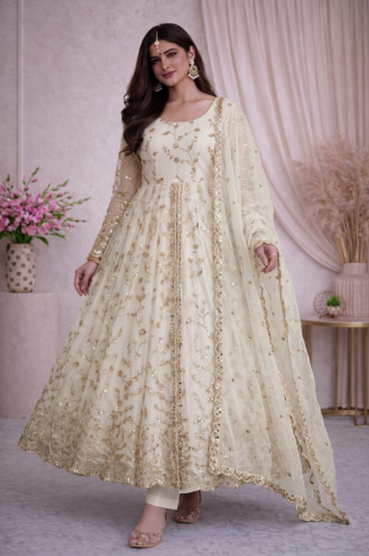 White fendy satin heavy embroidery work long wedding wear gown