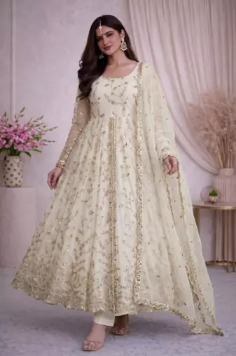 White fendy satin heavy embroidery work long wedding wear gown