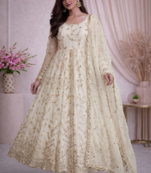 White fendy satin heavy embroidery work long wedding wear gown