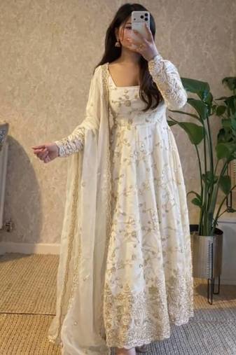 White fendy satin heavy embroidery work long wedding wear gown