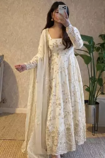 White fendy satin heavy embroidery work long wedding wear gown