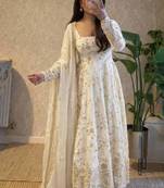 White fendy satin heavy embroidery work long wedding wear gown