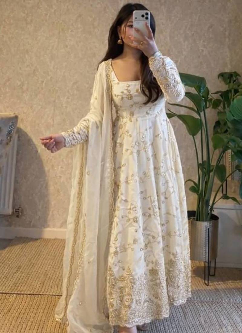 White fendy satin heavy embroidery work long wedding wear gown