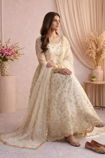 White fendy satin heavy embroidery work long wedding wear gown
