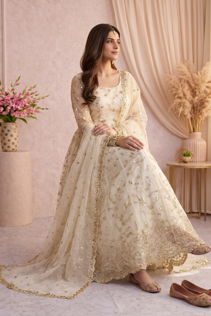 White fendy satin heavy embroidery work long wedding wear gown