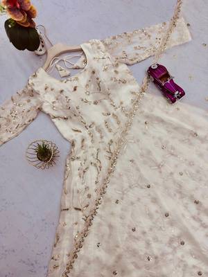 White fendy satin heavy embroidery work long wedding wear gown 3