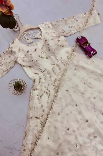 White fendy satin heavy embroidery work long wedding wear gown