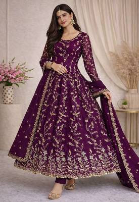 Wine fendy satin heavy embroidery work long wedding wear gown 1