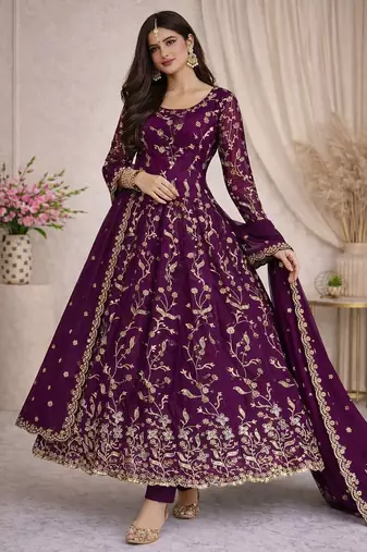 Wine fendy satin heavy embroidery work long wedding wear gown