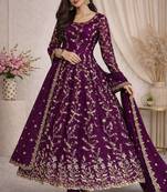 Wine fendy satin heavy embroidery work long wedding wear gown